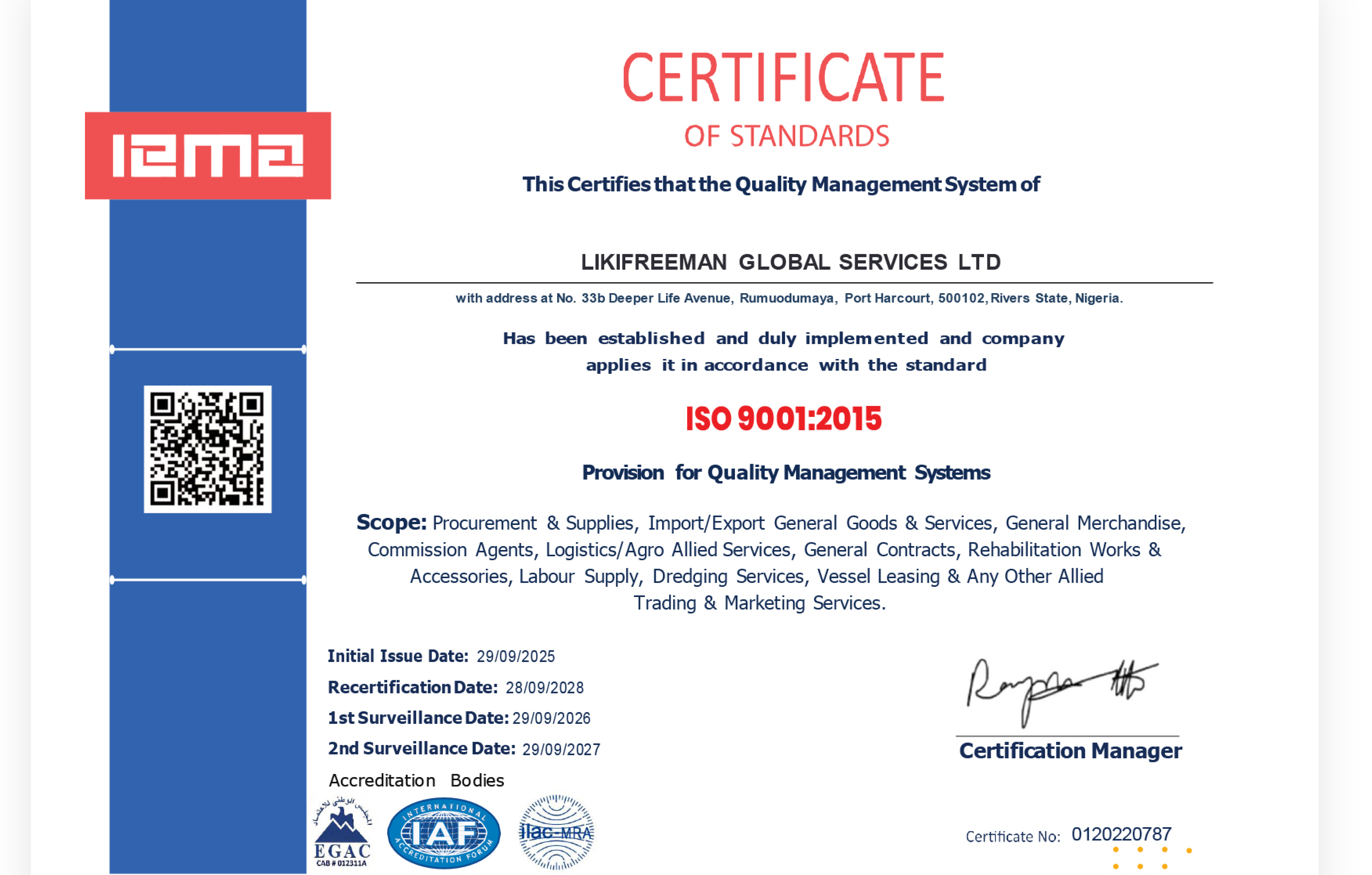ISO 9001:2015 certificate of standards